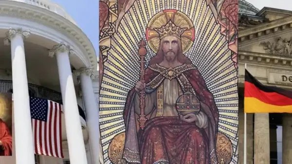Christkönigtum oder Chaos: links das Kapitol (USA), rechts Reichstagsgebäude (BRD)